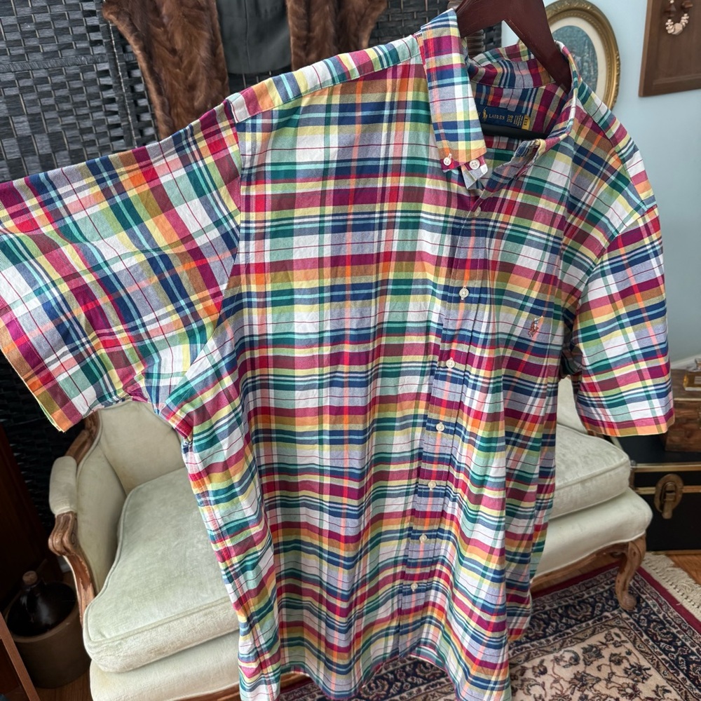 🧵 Ralph Lauren Plaid Button Down Shirt 3XB Colorful Cotton Short Sleeve 🧵 - Picture 2 of 8